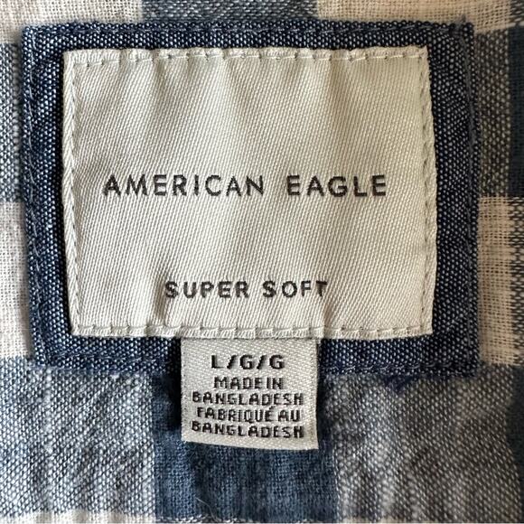 American Eagle Buffalo Plaid Button Down Shirt Cotton Blue Cream Men's L Preppy - Picture 6 of 12